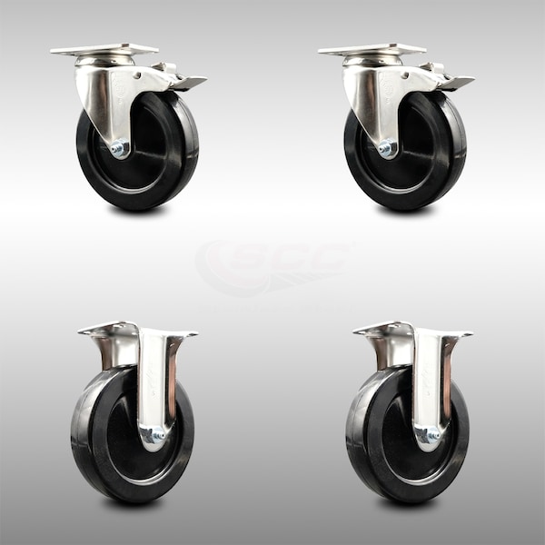 5 Inch 316SS Hard Rubber Wheel Swivel Top Plate Caster Lock Brake 2 Rigid, 2PK